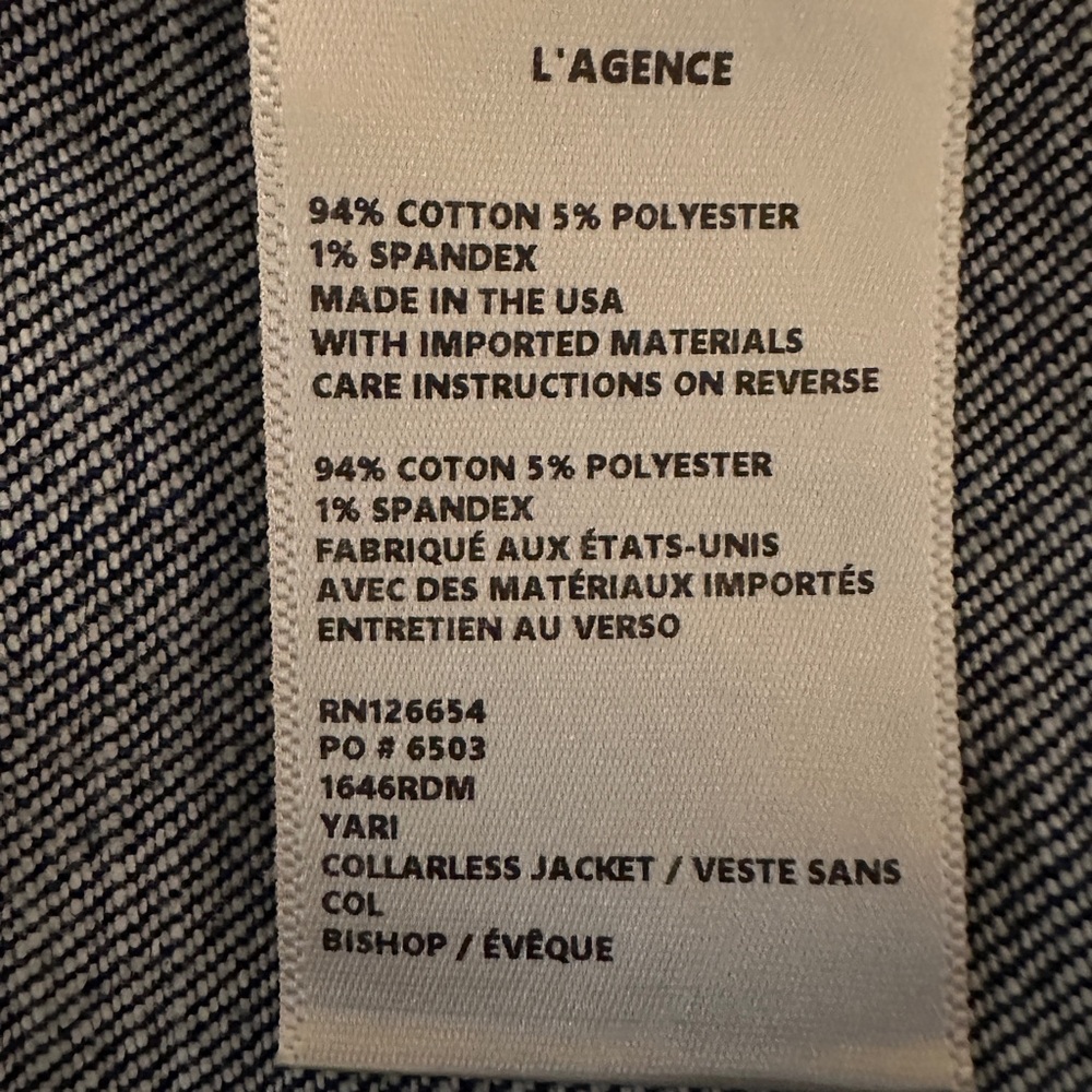 NWOT L’AGENCE Yari Collarless Jean Jacket in color Bishop MSRP $498 (XXS) - Picture 7 of 14